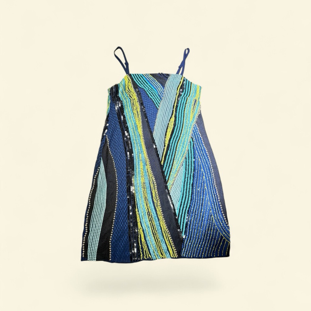 Topshop Hand Beaded Mini Slip Dress US 2 Blue Green Embellished Festival Party - Picture 5 of 6